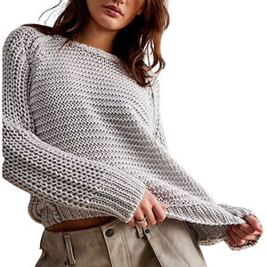 NEW FREE PEOPLE WE THE FREE LUNAR ROCK GRAY ESSENTIAL KNIT LINEN CREW SWEATER M